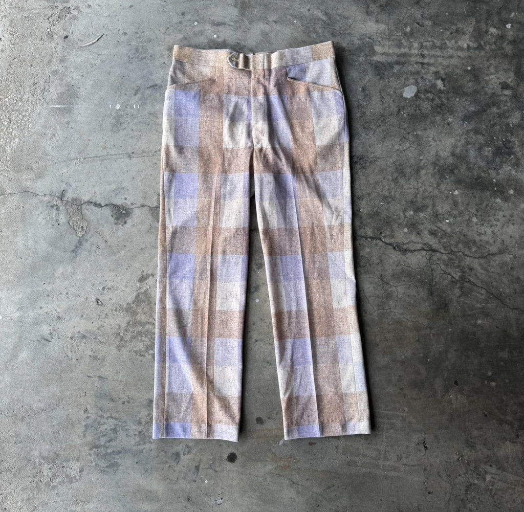 1970s Pastel Plaid Dress Pants 34x29