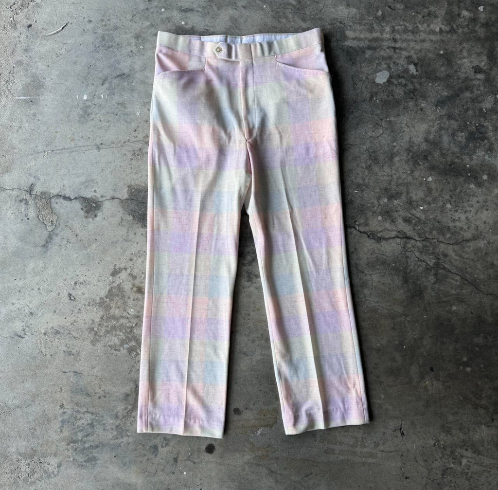 1970s Colorful Plaid Pastel Dress Pants 34x29